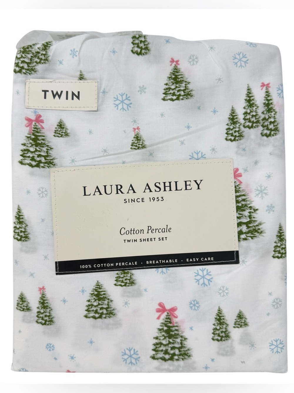 Laura Ashley Twin Size Sheet set Christmas Trees Bows Cotton Percale New
